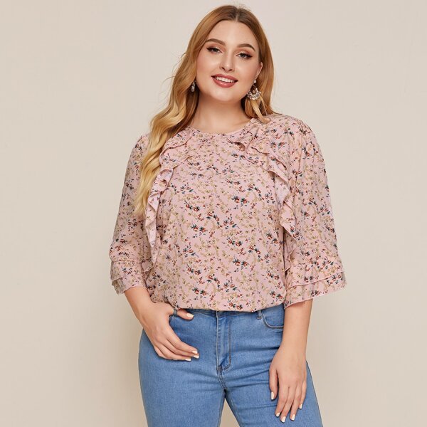 

Plus Ruffle Trim Flounce Sleeve Ditsy Floral Top, Pink
