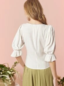 SHEIN Square Neck Ruffle Cuff Curved Hem Blouse - White - View 2