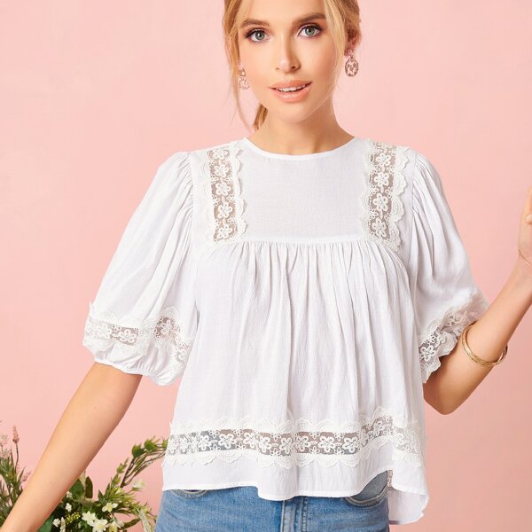 

Puff Sleeve Sheer Lace Insert Babydoll Top, White