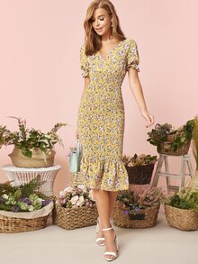 SHEIN Ruffle Cuff Shirred Floral Print Fishtail Hem Dress - Multicolor - View 5