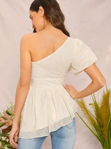 SHEIN 單肩泡泡袖布點點荷葉邊下擺上衣 - 米色 - 查看 2