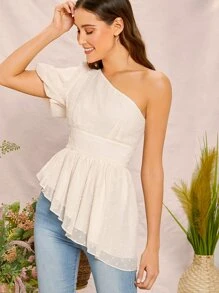 SHEIN 單肩泡泡袖布點點荷葉邊下擺上衣 - 米色 - 查看 5