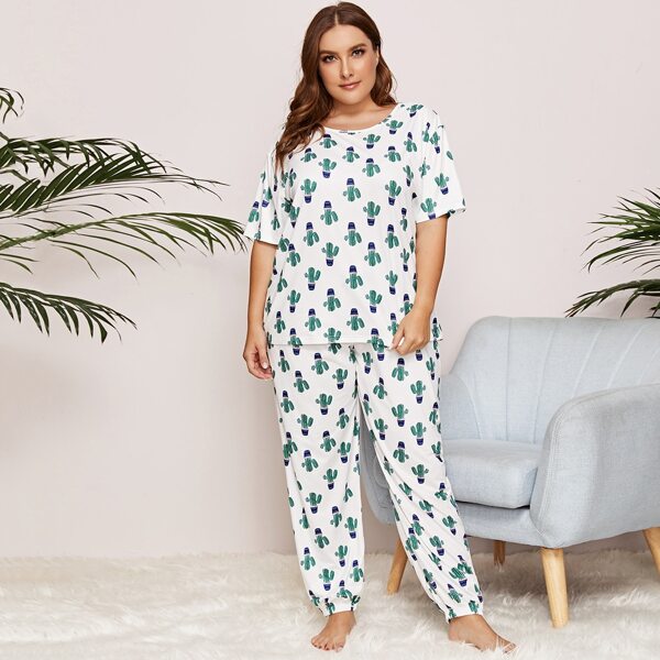 

Plus Allover Cactus Print PJ Set, White