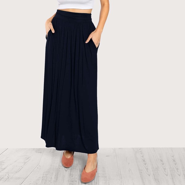 

Ruched Wide Waistband Slant Pocket Maxi Skirt, Navy