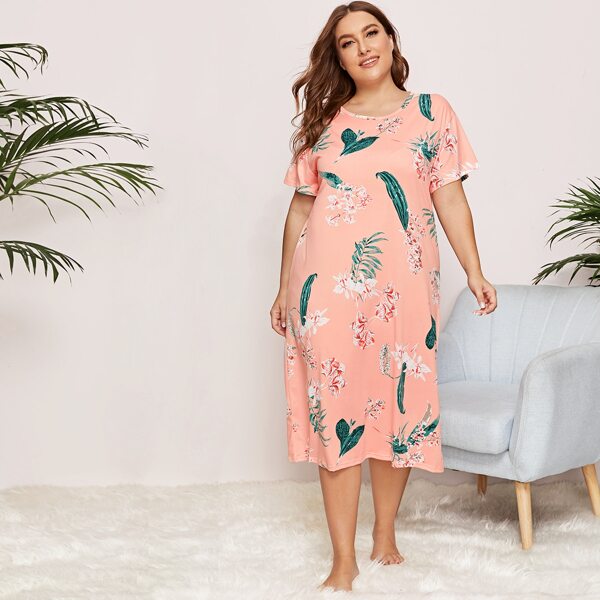 

Plus Floral & Plants Print Night Dress, Pink