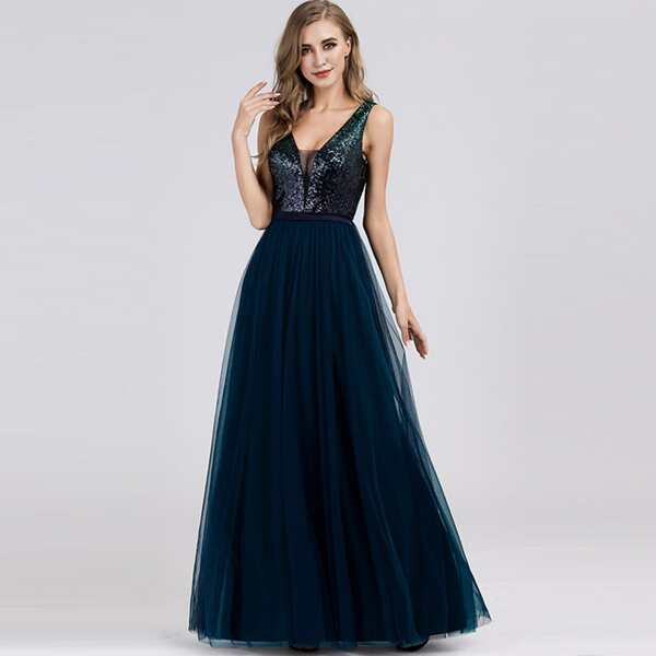 

Deep V Neck Sequin Bodice Mesh Prom Dress, Navy blue