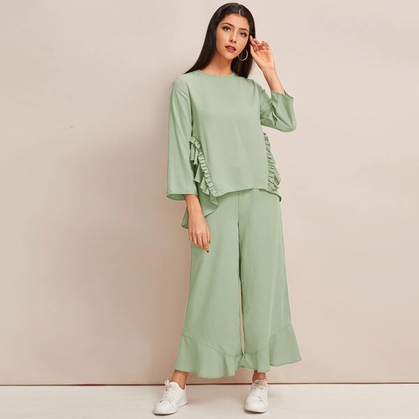 

Ruffle Trim High Low Top and Palazzo Pants Set, Green pastel
