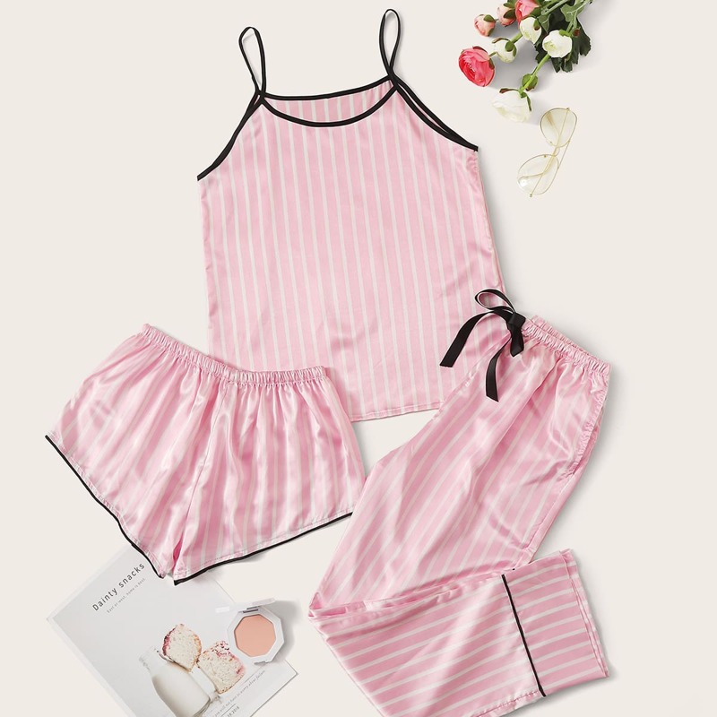 

Vertical Striped Satin Cami Night Set, Pink