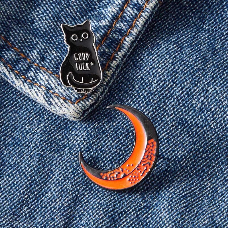 

2pcs Cat & Moon Shaped Brooch, Multicolor