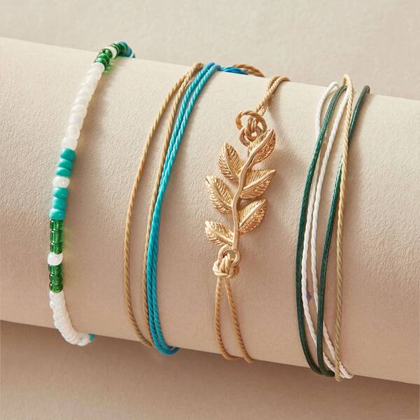 

4pcs Leaf Decor Beaded Bracelet, Multicolor