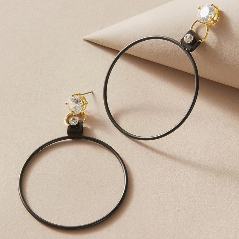 

1pair Rhinestone Engraved Round Drop Earrings, Black