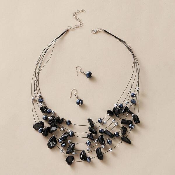 

1pc Gemstone Engraved Statement Necklace & 1pair Earrings