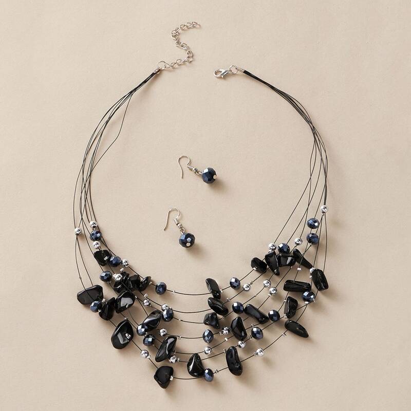 

1pc Gemstone Engraved Statement Necklace & 1pair Earrings