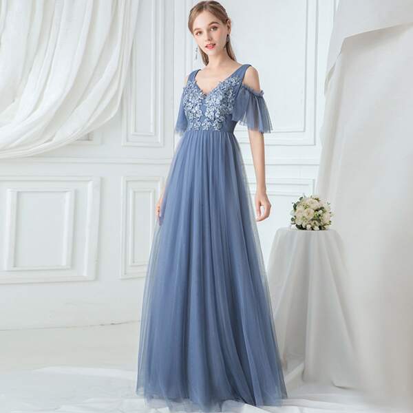 

Cold Shoulder Appliques Detail Mesh Prom Dress, Blue