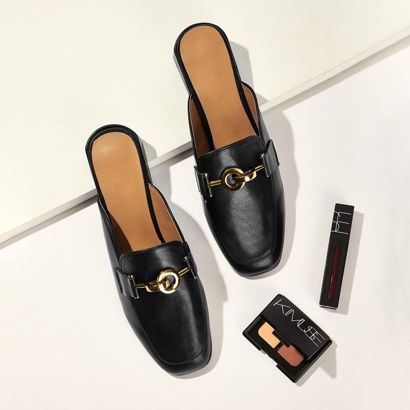 

Metal Decor Square Toe Flat Mules, Black