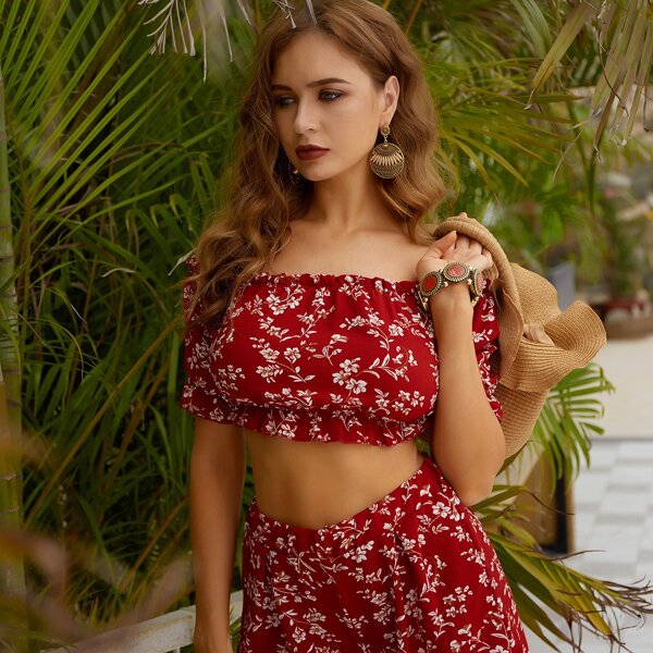 

Floral Print Off Shoulder Frill Trim Crop Top & Shorts, Red