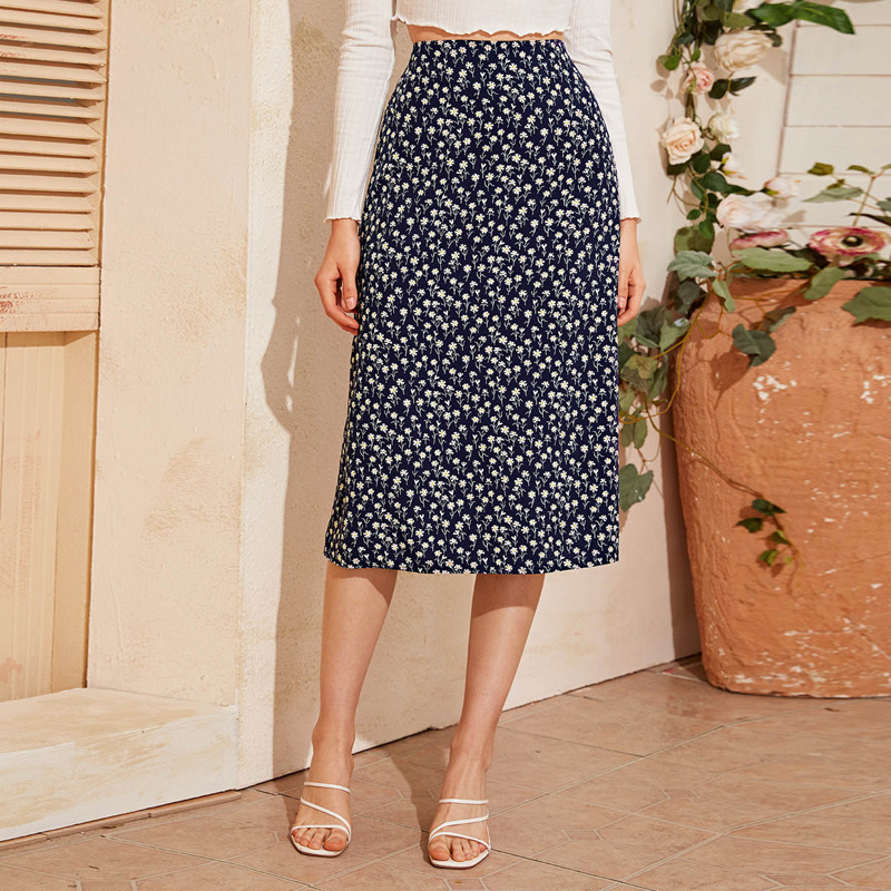 

High Rise Ditsy Floral Midi Skirt, Navy blue