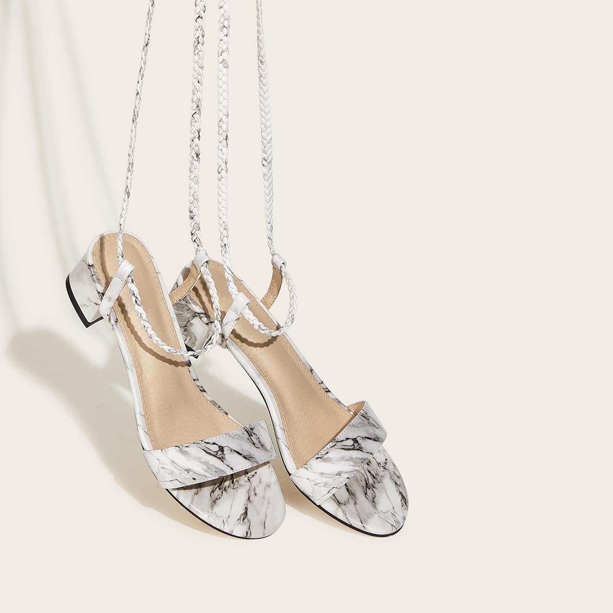 

Marble Pattern Tie Leg Block Heels, Grey