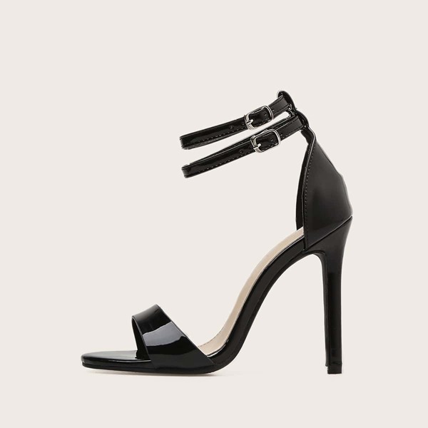 

Patent Open Toe Ankle Strap Stiletto Heels, Black
