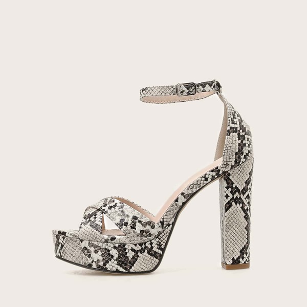 

Snakeskin Print Ankle Strap Open Toe Chunky Heels, Multicolor