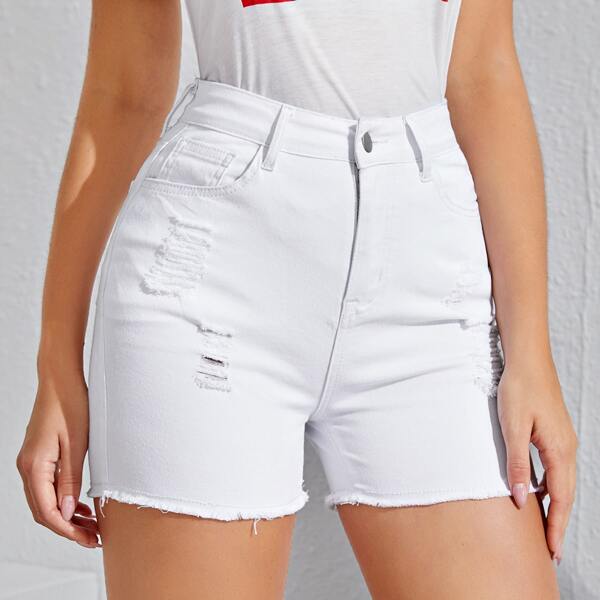 

Ripped Raw Hem Denim Shorts Without Belt, White