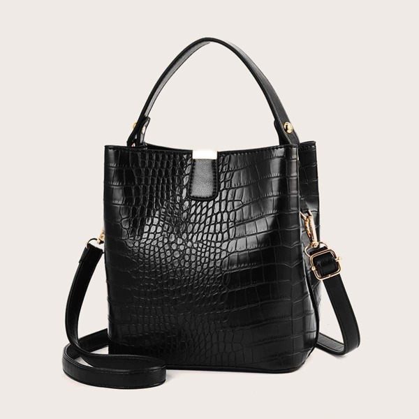 

Minimalist Croc Embossed Satchel Bag, Black