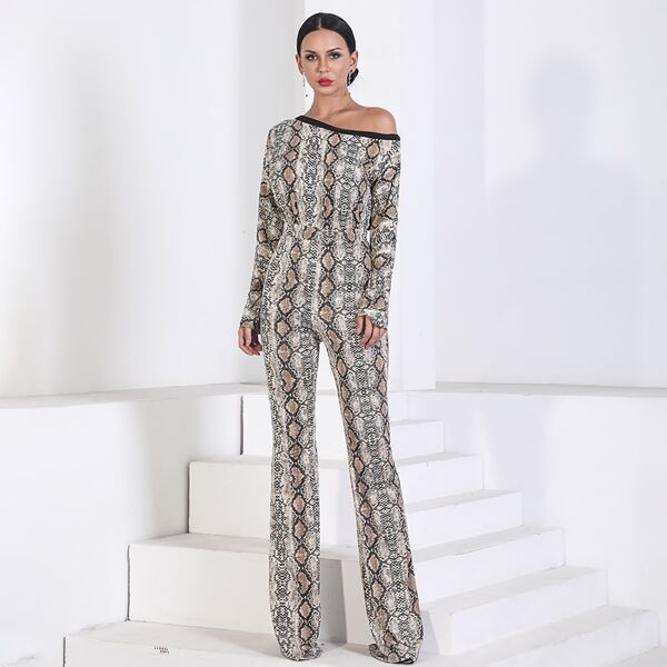 

Missord Asymmetrical Neck Snakeskin Flare Leg Jumpsuit, Multicolor