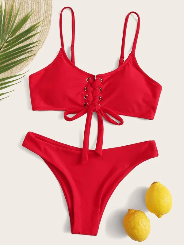 Lace Up Front Cheeky Bikini Swimsuit Shein Usa