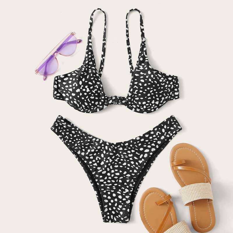 

Dalmatian Underwire High Cut Bikini Swimsuit, Black and white