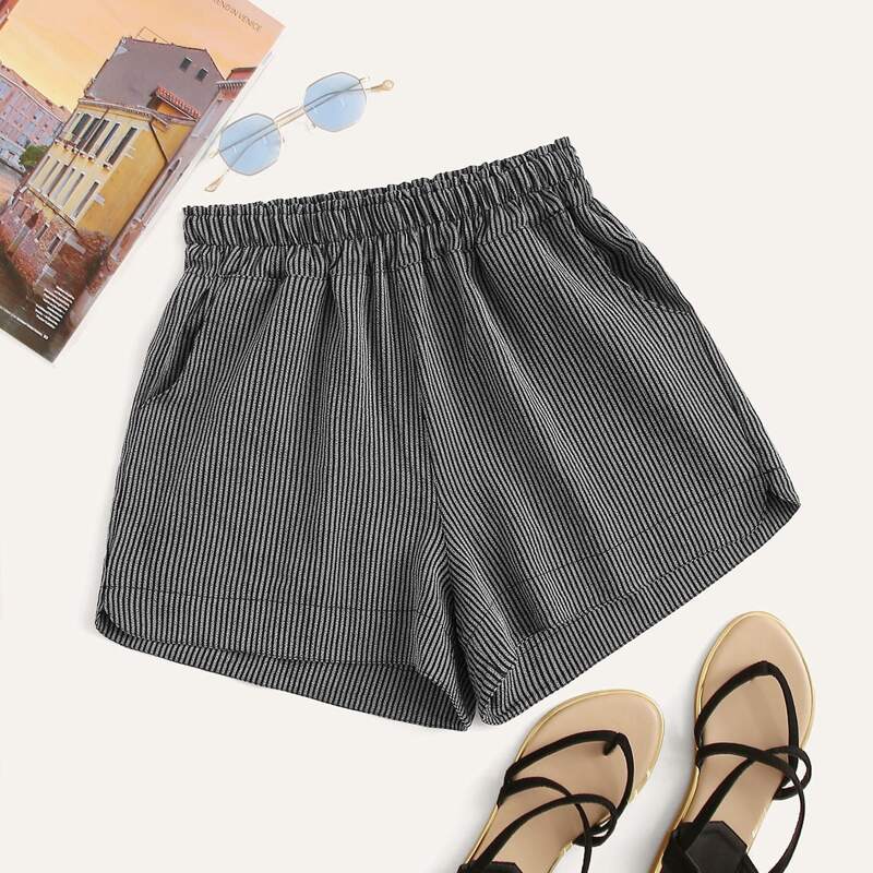 

Striped Paperbag Waist Shorts, Grey
