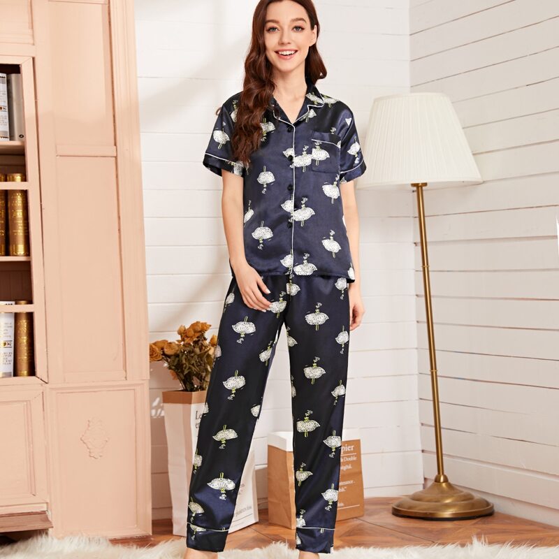 

Cartoon Figure Print Satin PJ Set, Navy