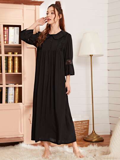 Contrast Lace Peter Pan Collar Solid Night Dress