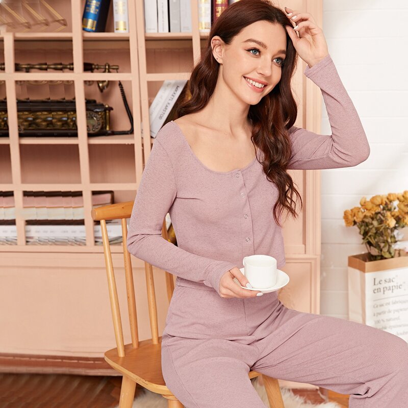 

Popper Detail Scoop Neck PJ Set, Pink