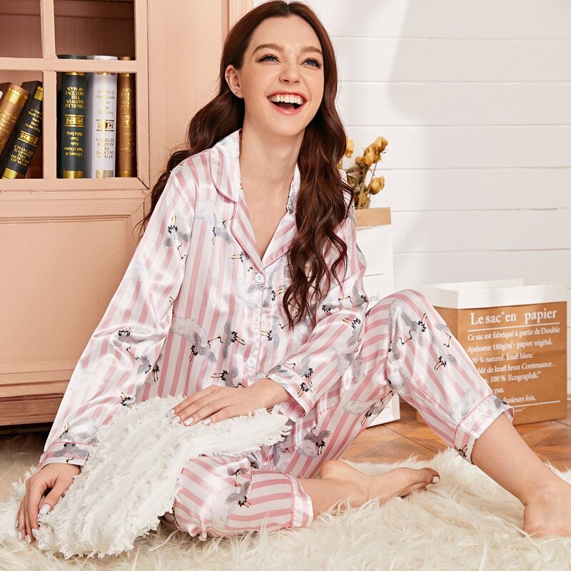 

Satin Stripe & Crane Print PJ Set, Multicolor