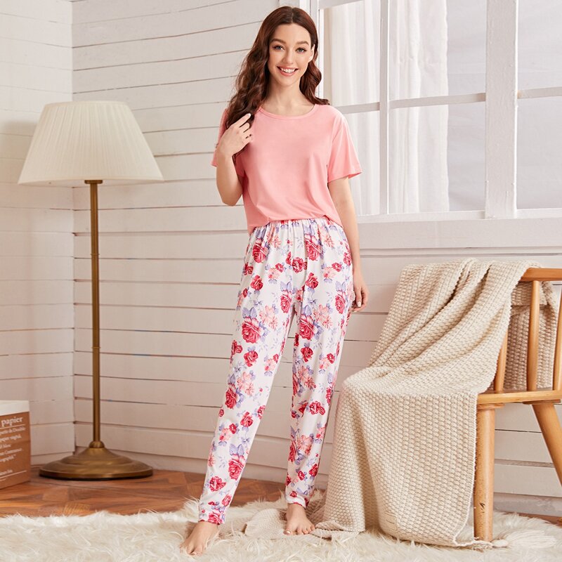 

Solid Tee & Floral Print Pants PJ Set, Multicolor