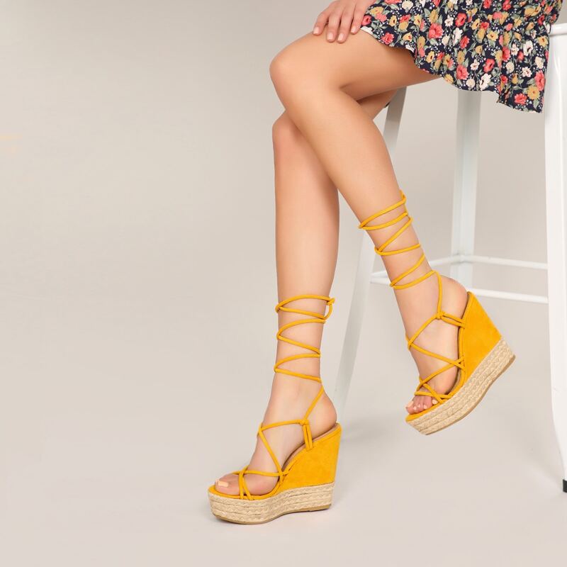 

Open Toe Lace Up Ankle Wrap Platform Wedge Sandals, Yellow bright