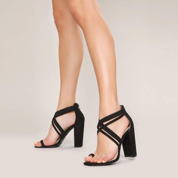 

Square Toe Loop Multi Strap Chunky Heel Sandals, Black