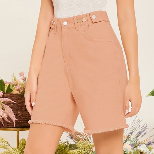 

Waist Button Detail Raw Hem Denim Shorts, Pink