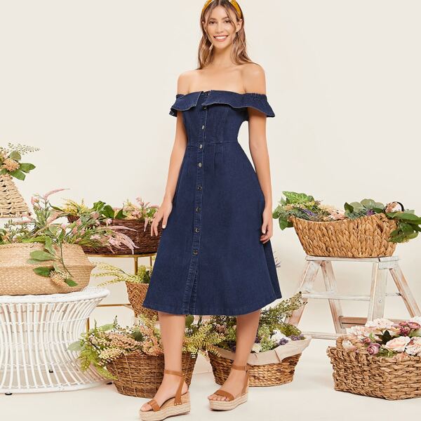 

Off Shoulder Pleated Fit And Flare Denim Dress, Blue