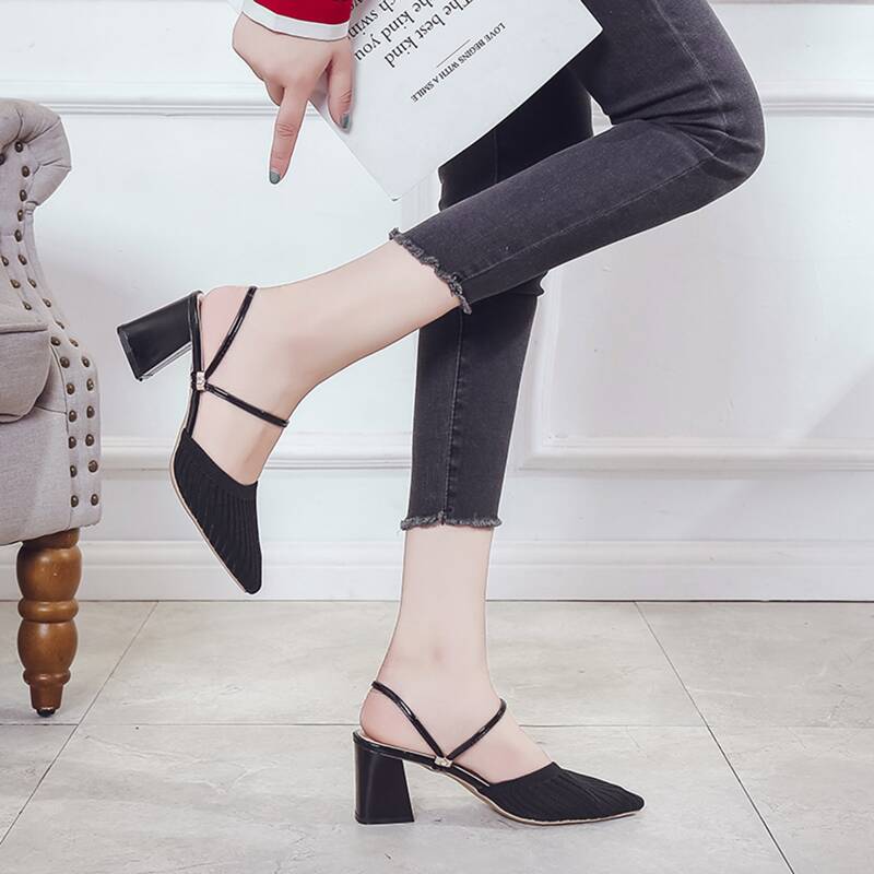 

Point Toe Ribbed Knit Block Heels, Black