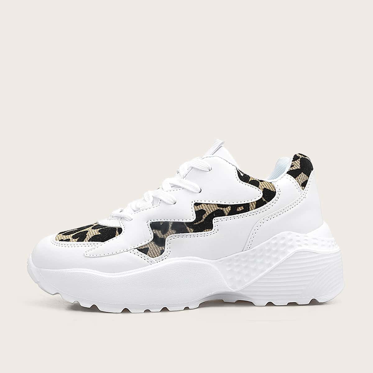 

Lace-up Front Leopard Panel Chunky Sneakers, White