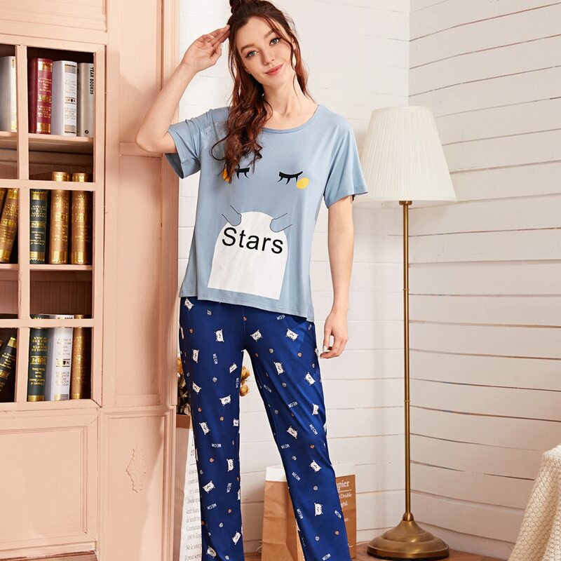 

Letter & Cartoon Graphic PJ Set, Multicolor