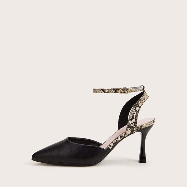 

Snakeskin Print Point Toe Ankle Strap Heels, Black