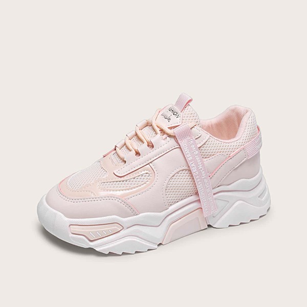 

Lace-up Front Letter Tape Chunky Sneakers, Pink