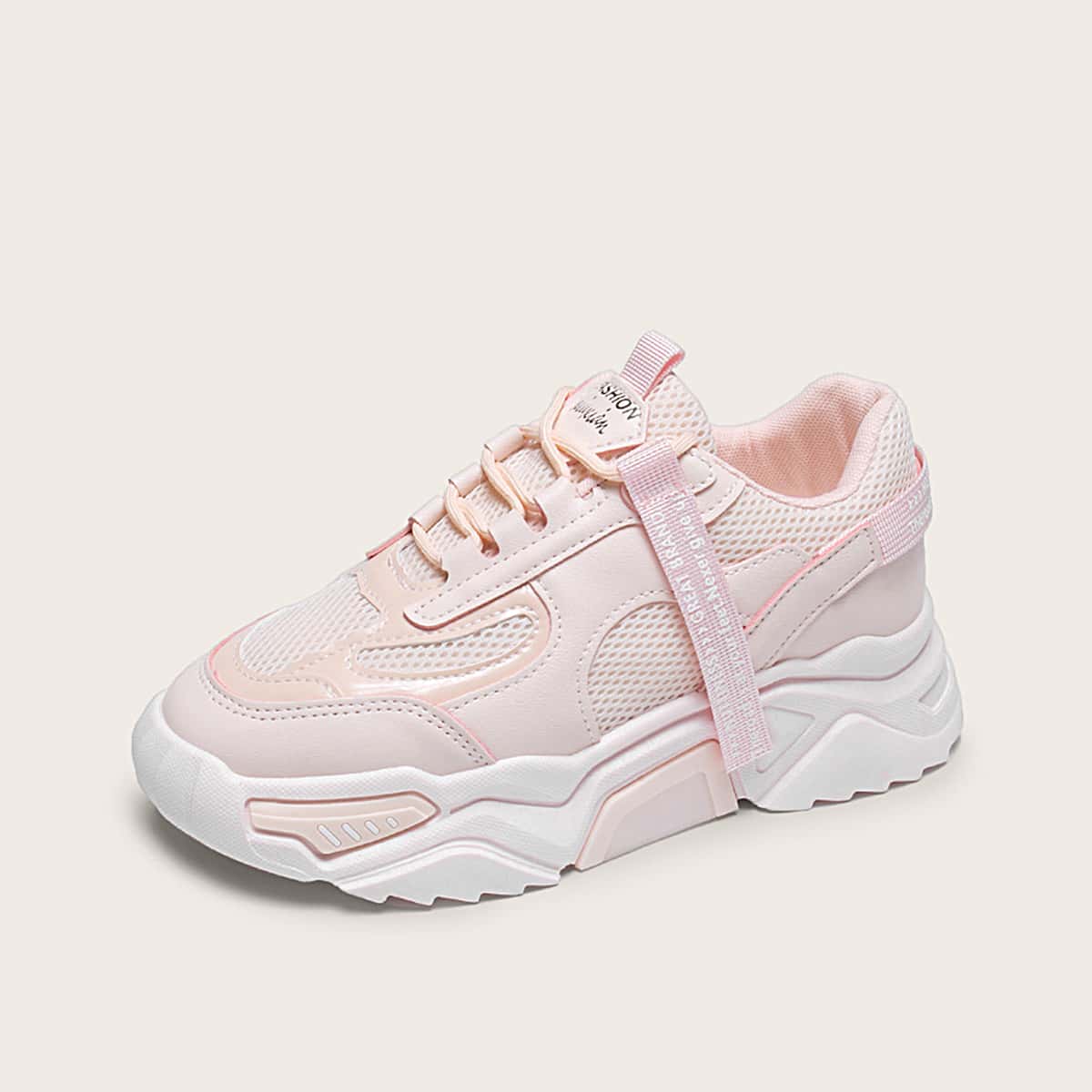 

Lace-up Front Letter Tape Chunky Sneakers, Pink