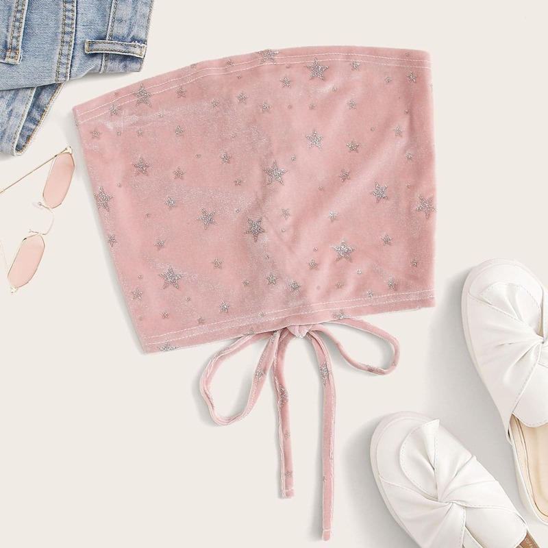 

Star Print Lace Up Back Velvet Tube Top, Pink