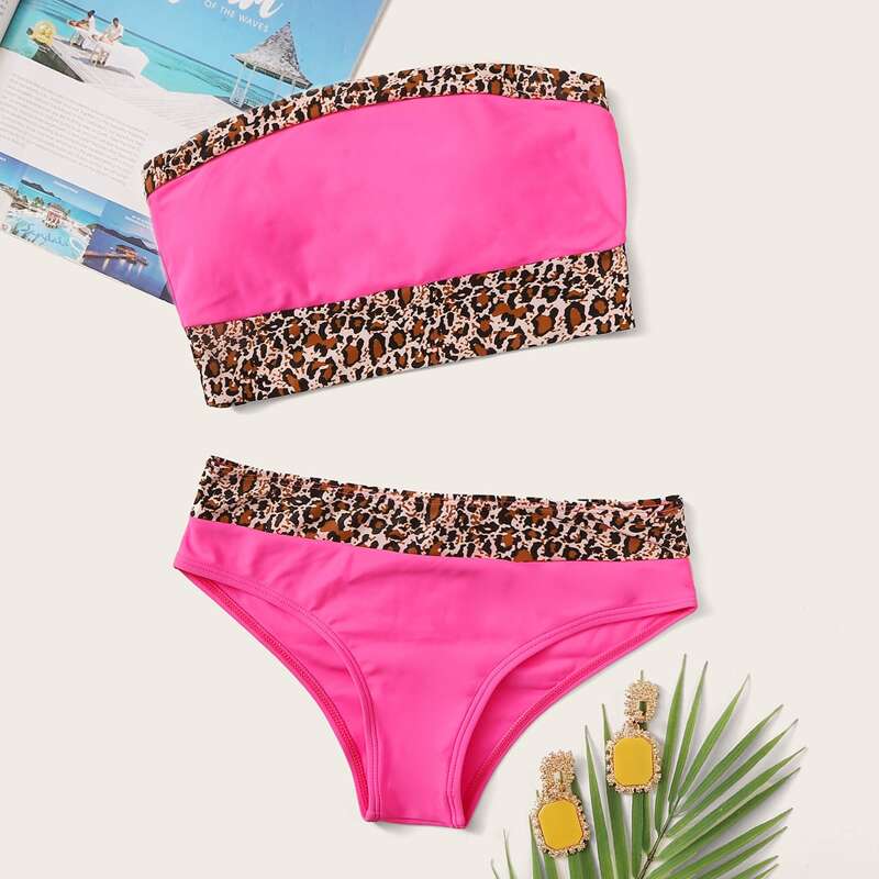 

Contrast Leopard Bandeau Bikini Swimsuit, Pink