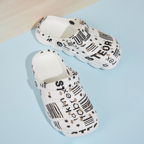 

Letter Graphic Slip On Sandals, Black and white