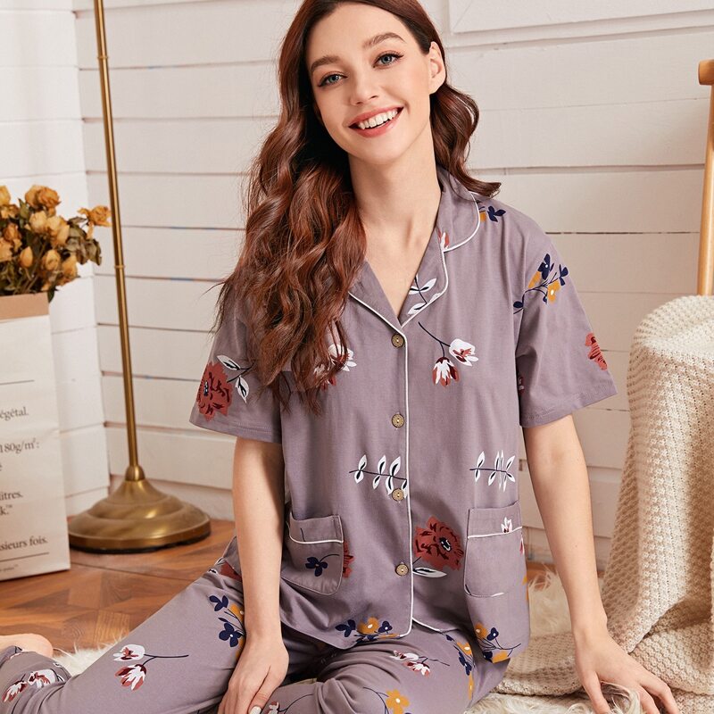 

Floral Print Dual Pocket PJ Set, Purple