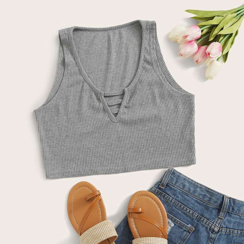 

Scoop Neck Crop Tank Top, Grey